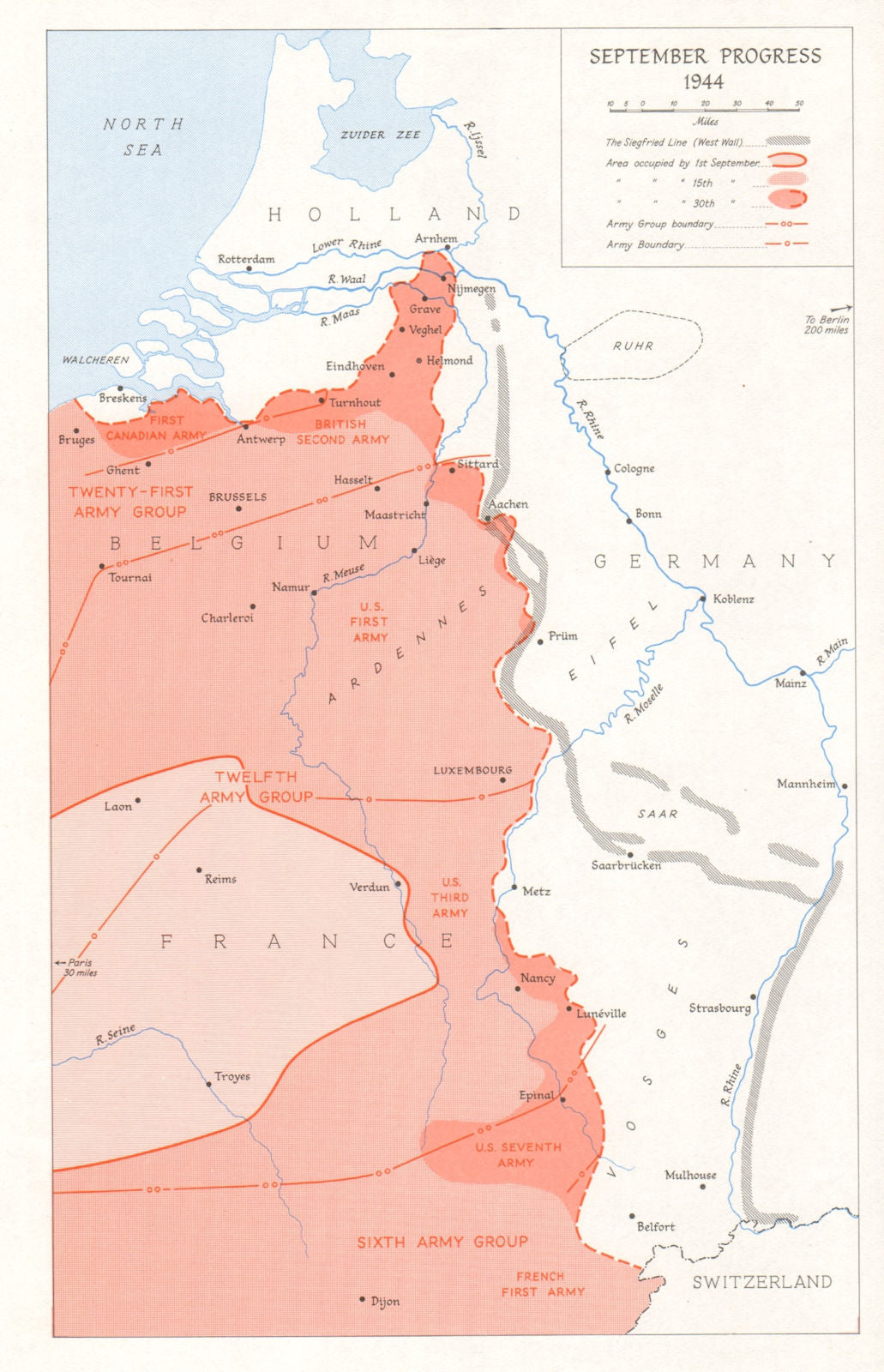 World War 2. Advance into Belgium during September 1944. Market Garden 1968 map